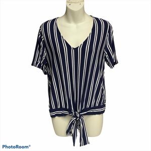 Doublju blue and white striped tie waist shirt L